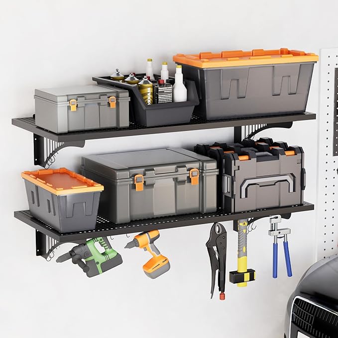 EROMMY 2-Pack 1.64x4ft Garage Shelving with 500lbs Capacity, Shelving Wall Mounted Metal Floating Storage System-Garage Shelves Heavy Duty with 6 Hooks for Basement Organization