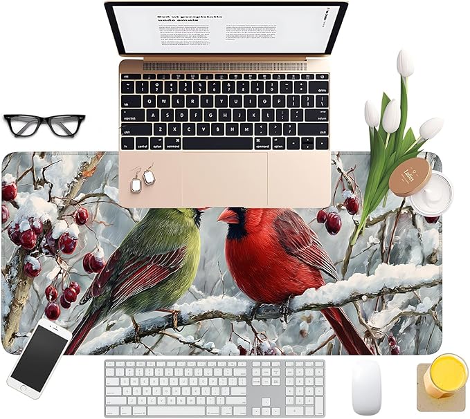 Winter Cardinal Bird Gaming Mouse Pad 31.5"x11.8"Desk Mat Anti-Slip Rubber Base & Durable Stitched Edges for Gamers Smooth Mouse Writing Surface for Desk Office/Home
