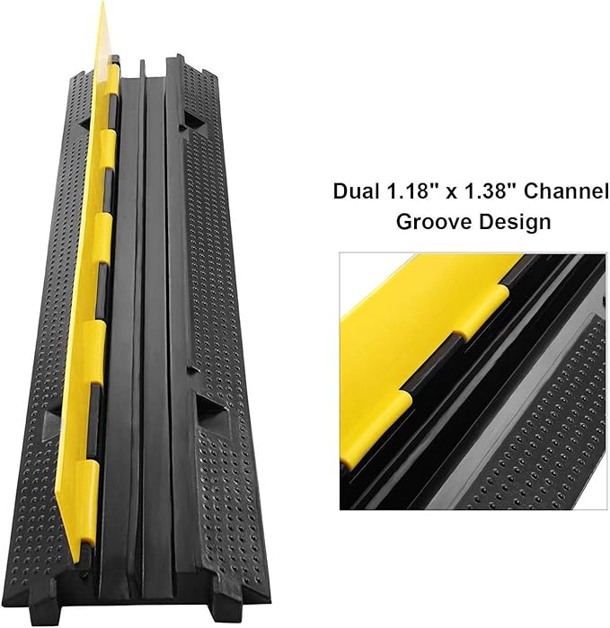 Reliancer 3 Pack Dual Channel Rubber Cable Protector Ramp 2 Channel Traffic Speed Bump 11000lbs Capacity Heavy Duty Driveway Hose Cover Ramp Cord Track Protector Wires Concealer w/Flip-Open Top Cover