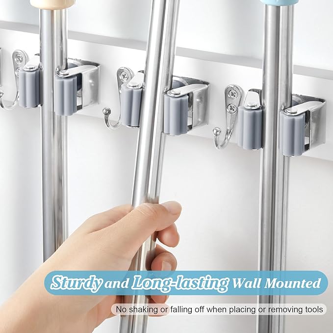 White Broom Holder Wall Mount - Heavy Duty Wood Mop and Broom Organizer with 3 Slots & 4 Hooks - Garden Tool Hanger for Laundry Room Closet Kitchen Garage Storage and Organization - Modern Home Decor