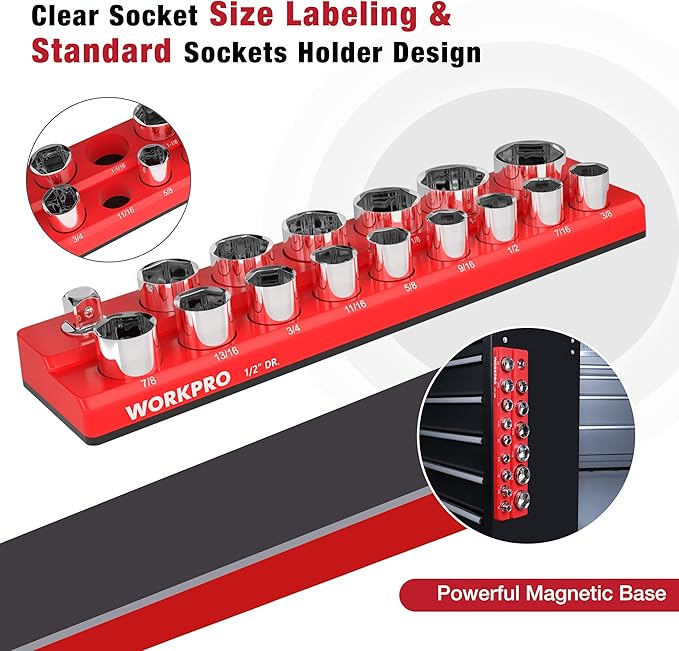 WORKPRO Magnetic Socket Organizer, 1/2-Inch SAE Sockets Holder, Socket Trays Holds 16 Pieces Standard Size and Deep Size Sockets(Socket not Included)