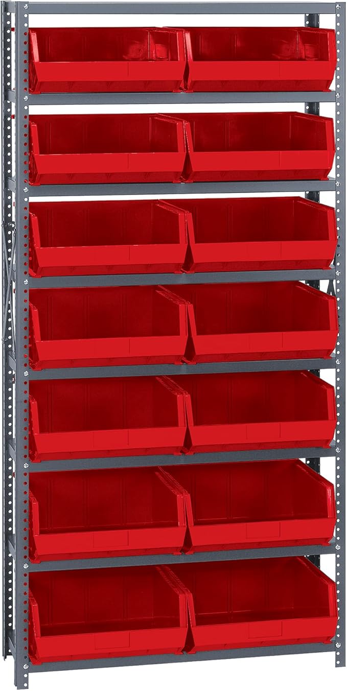 Quantum Storage Systems QSBU-250RD Giant Open Hopper Steel Shelving System, 12" D x 36" W x 75" H, with 8 Shelves and 14 QUS250 Bins, Red