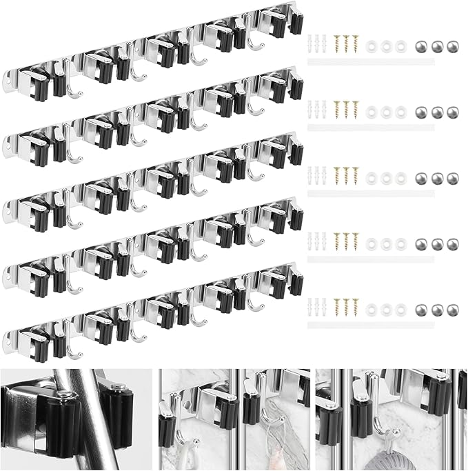 5 Pack Broom Holder Wall Mount 5 Racks 4 Hooks Stainless Steel Broom Mop Holder Anti Slip Storage Rack Strong Load Bearing Waterproof Broom and Mop Organizer Wall Hanging for Bathroom Kitchen Garage