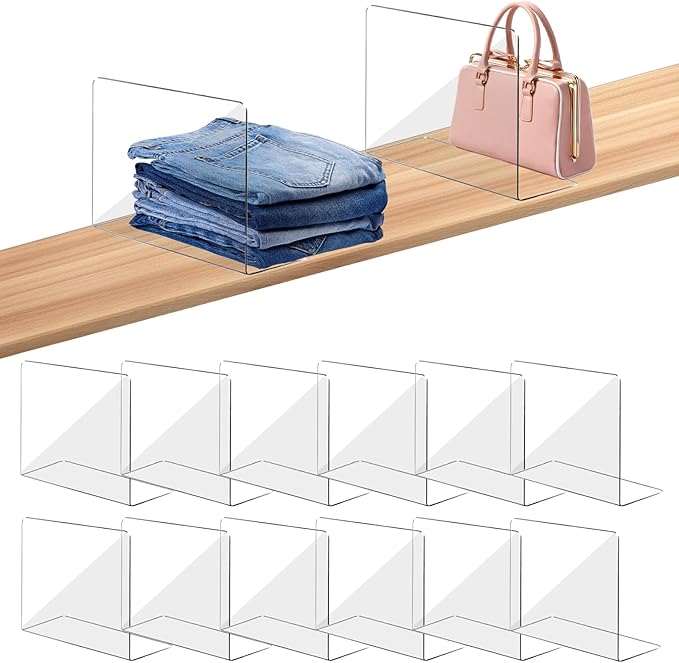 OKPOW Acrylic Shelf Dividers for Closet Organization: 12 Pack Tall Durable Clear Shelves Separators for Clothing Adjustable