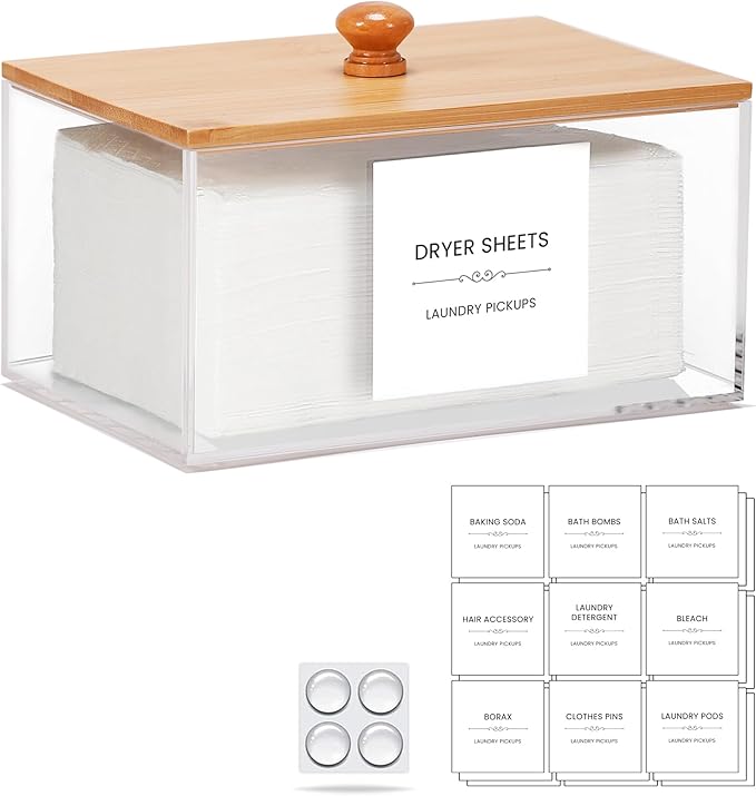 Dryer Sheet Holder with 30 waterproof Labels, Acrylic made tissue box holder, Acrylic Container Storage Box for Laundry Room Organization, Holds Sheets, Balls, Clothes Pins, Laundry Pods