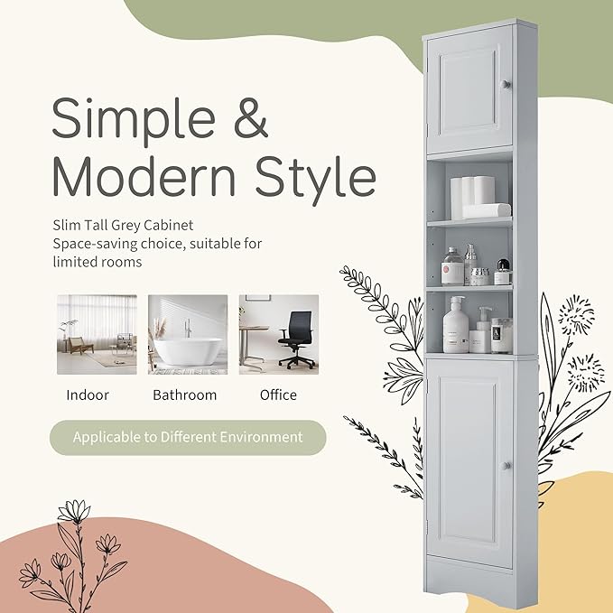 66.9" Tall Corner Bathroom Cabinet with Doors, Freestanding Triangle Storage Cabinet with Adjustable Shelves & Open Shelf, Water-Resistant MDF, Space-Saving Organizer with Anti-Tip Device, Grey