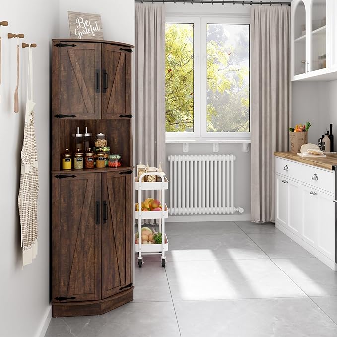 68" Tall Farmhouse Corner Cabinet, Dining Room Storage Cabinet with 4 Barn Doors and 5 Adjustable Shelves, Brown