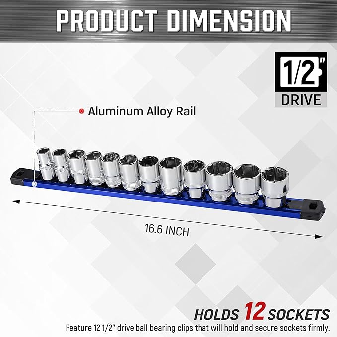 ALOANES 1/2-Inch Drive Magnetic Socket Organizer, Heavy Duty Aluminum Socket Rail Organizer, 360° Swivel Clips Socket Holder Kit for Tool Box, 1/2-Inch Socket Holder x 12 Clips (Blue)