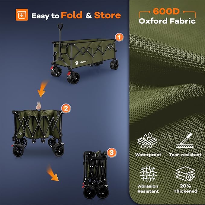 48" L Folding Beach Wagon Cart Foldable, 560lbs Weight Capacity 300L Heavy Duty Collapsible Wagons with Big All-Terrain Wheels, Utility Carts for Groceries, Shopping, Camping, Sports - Green
