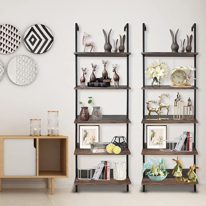 5 Tiers Ladder Shelf Brown Modern Bookshelf Open Tall Wall Mount Bookcase Standing Leaning Wall Shelves Industrial Decorative Living Room Bed Room