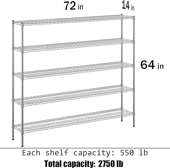 14" Deep x 72" Wide x 64" Height Wire Shelving Kit | 5-Tier | NSF Commercial Storage Rack Unit