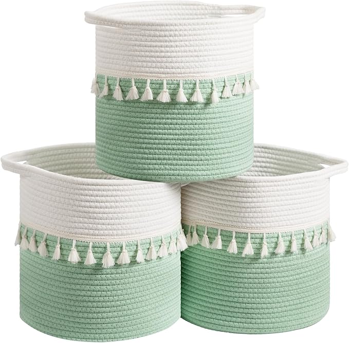 danpinera 11 Inch Woven Baskets for Storage, 3 Storage Baskets for Organizing in Laundry, Living Room, Nursery, Cute Rope Boho Baskets for Shelves, Decorative Storage Basket, Green