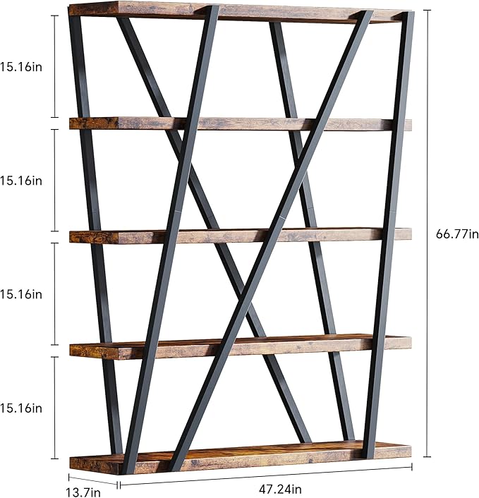 FUSUNBAO Unique 5-Tier Wooden and Metal Frame Bookshelf,Vintage Industrial Modern Style Tall Bookcase,72 "H x 12 "W x 47" L,Rustic Large Wooden Shelf,Display Shelf for Home Office,Retro Brown