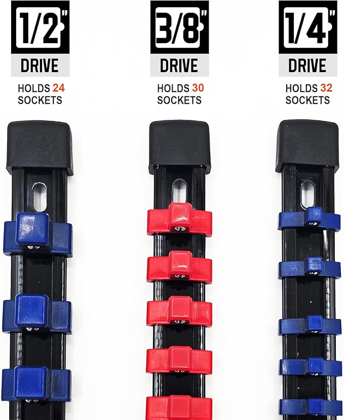 Magnetic Socket Organizer Set & Socket Clip Rail Holder, Totally 12Pcs Socket Tray Set for 1/4", 3/8", and 1/2" Sizes Drive, Premium Qualit Socket Organizer(Red & Blue, 12Pcs)