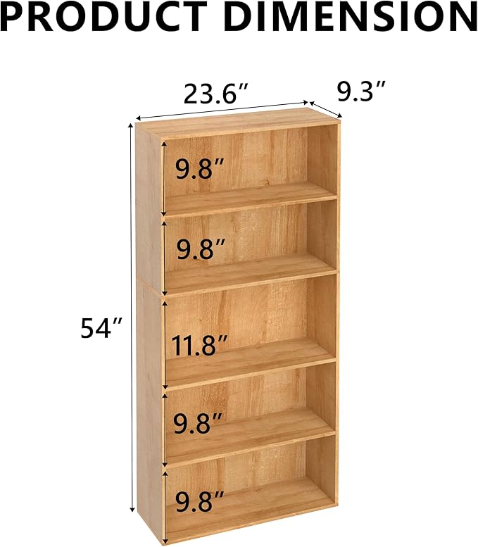 5 Tier Book Shelf,Wooden 5 Cube Storage Organizer,5 Tier Low Bookcase Storage Display Organizer, 54 Inch Versatile Cubes Shelf and Cubby Unit for Any Space (Natural Oak, 5 Cube-W(23.6inch)