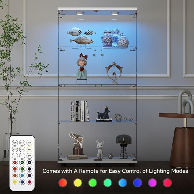 Tempered Glass Display Cabinet with Lights, 4-Tier Curio Cabinet with Glass Doors and Lock, Glass Display Case for Collectibles, for Living Room, Bedroom, Office, Double Door, White