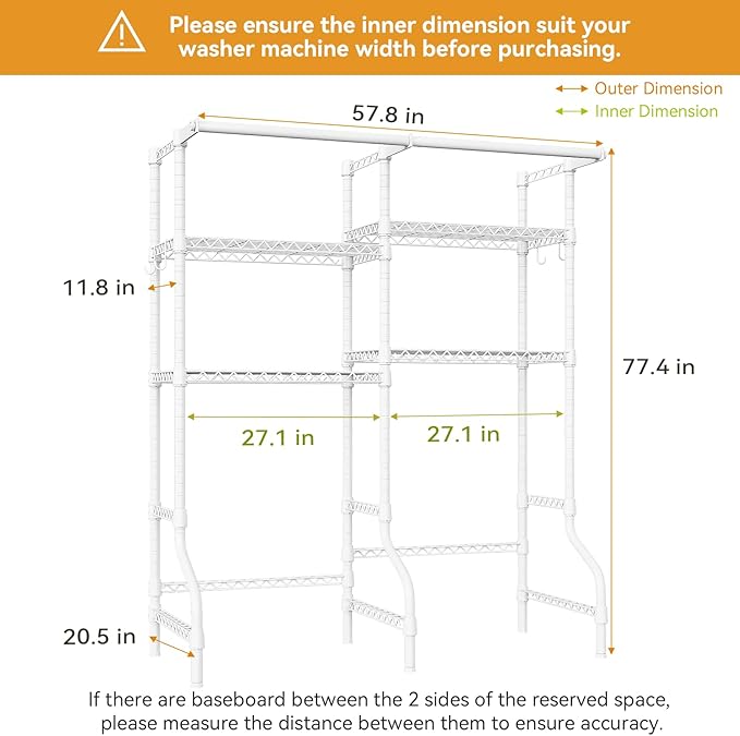 U14 Medium Over the Washer and Dryer Shelves, 4 Tiers Laundry Room Storage and Organizer System, Space Saving Clothes Drying Rack with 2 Clothes Hanger Rods, 57.8"W x 20.5"D x 77.4"H, White