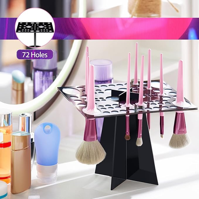 72 Holes Acrylic Makeup Brush Stand - Collapsible Holder & Dryer for Makeup Artist, Nail Brush, Paintbrush, Black