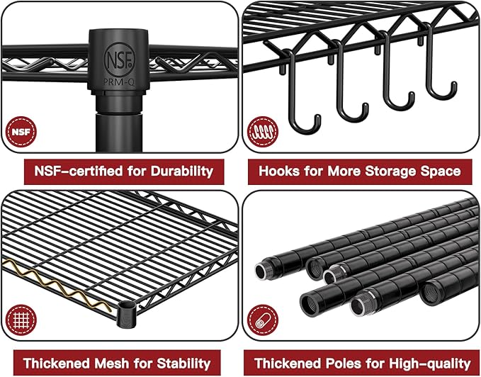 PrimeZone Wire Shelving Unit with Wheels, 5 Tier Adjustable NSF Certified Heavy Duty Metal Storage Shelves, Pantry Organizer Rack Rolling Kitchen Shelf for Closet Garage, 24" W x 18" D x 75" H, Black