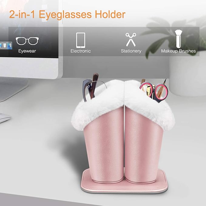 Fintie Plush Lined Double Eyeglasses Holder with Magnetic Base, Glasses Stand Case Organizer for Desk, Nightstand, Office, Rose Gold
