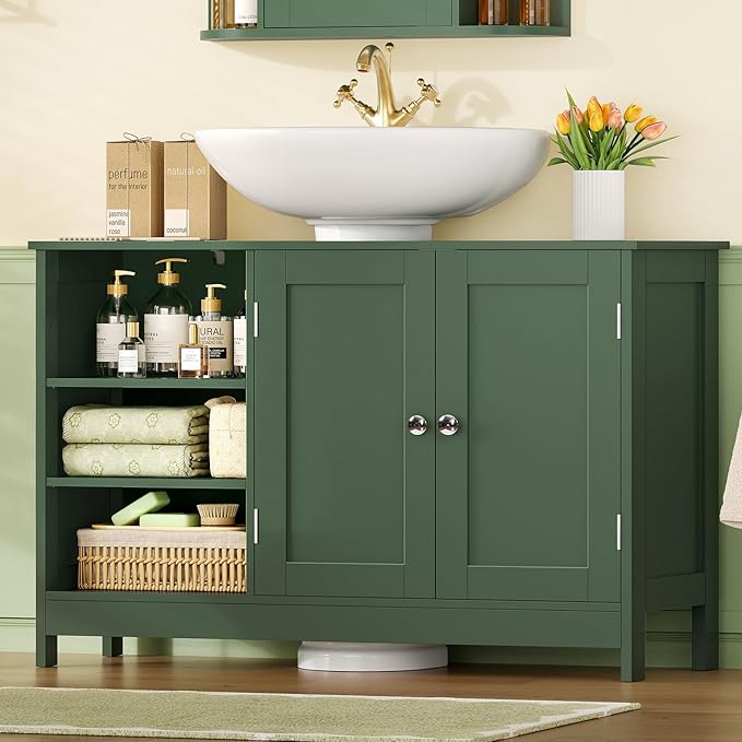 TEENFON 35.4" Pedestal Sink Storage Cabinet with 2 Doors and Adjustable Shelves, Bathroom Sink Cabinet, Under Sink Storage with U-Shape Cut-Out, Green UNYSG034V