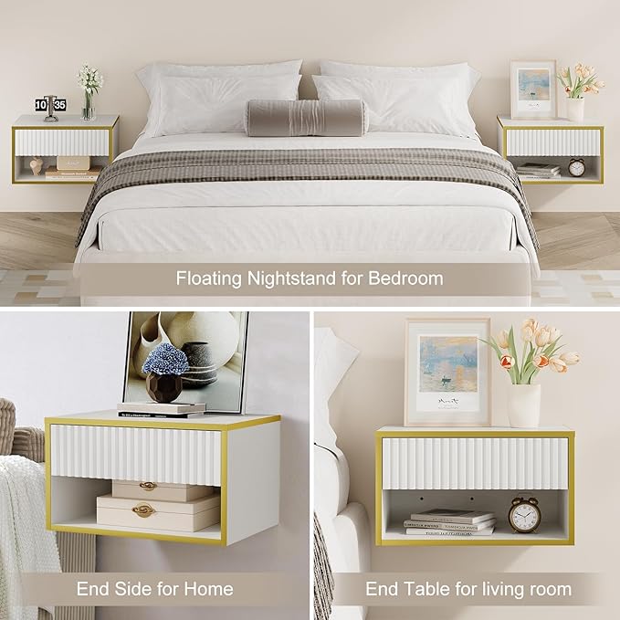4ever2buy Floating Nightstand Set of 2, Modern Wall Mounted Nightstand with Open Shelf and Fluted Drawer, White and Gold Night Stand for Bedroom, White