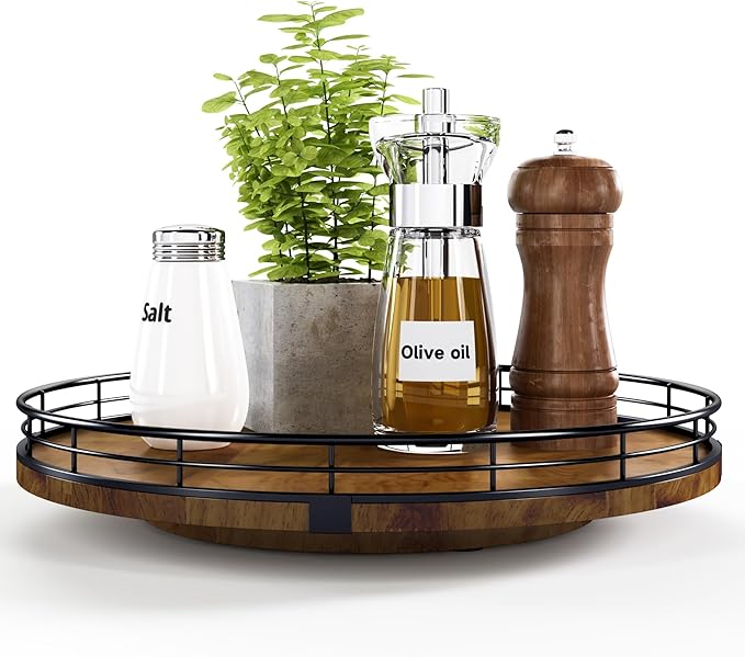 Farmhouse Oak 12" Lazy Susan Turntable Organizer for Cabinet, Round Wooden Lazy Susan Organization and Storage for Dining Table, Pantry, Kitchen, Countertop, Cupboard,Home Decor, Walnut Wood