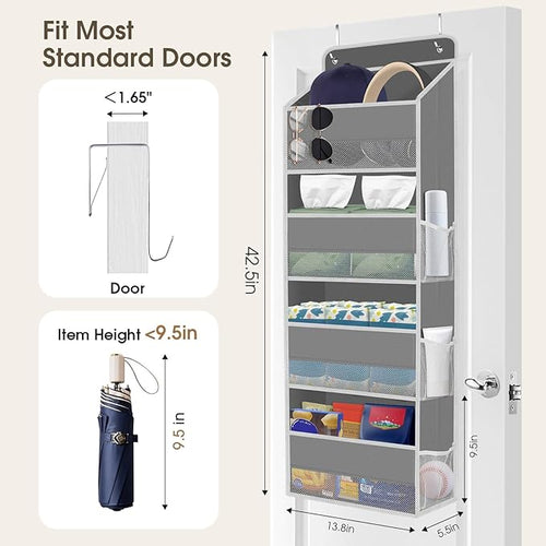1 Pack Over The Door Organizer, Hanging Storage Organizer with Clear Window, 40lb Ultra Sturdy Large Capacity Room Organizer for Pantry Laundry Bathroom Nursery Closet Baby Essential (Grey)