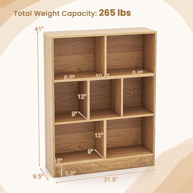 Giantex 7 Cube Bookcase, 4-Tier Freestanding Bookshelf w/ 7 Open Compartments, 2 Anti-Tipping Kits, Modern Display Cabinet, 41" Wood Cubby Storage Organizer for Living Room, Bedroom, Natural