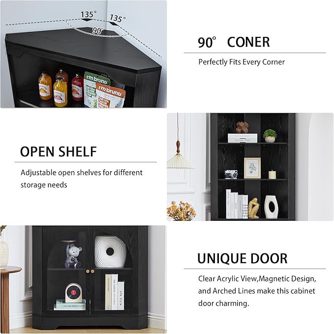 Mid-Century Modern 70" H Tall Coner Storage Cabinet with Doors & Adjustable Shelves, Wood Home Coner Pantry Hutch for Kitchen, Dining Living Room, Bathroom, Antique Dispaly (Black)