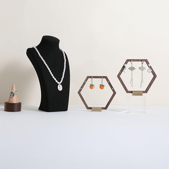 GemeShou 3pcs Wooden stud earring organizer holder, walnut earring hangers with brass base, Small Cute earring display for selling with 9 holes for each【Hexagon frame-3pcs】
