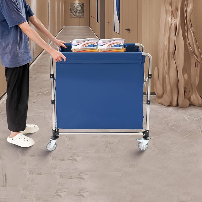 Commercial Laundry Cart with Wheels,Folding Laundry Hamper Cart,Heavy Duty Rolling Basket with Large Capacity,Sorter Trolley for Home Hotel Apartment (Blue, 34.25 * 19.7 * 36.22in)