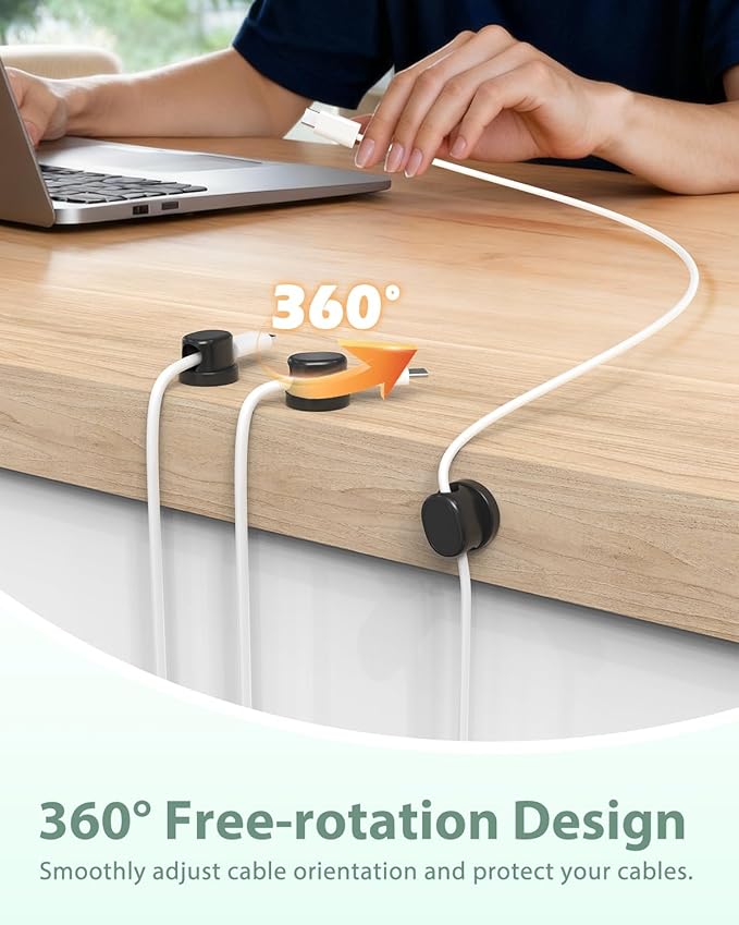 Rotatable Cord Holder, Snap-Lock Cable Clips, 8 Pack Adhesive Cord Organizer, Phone Charger Wire Organizer Keeper for Nightstand Car Kitchen Appliances Office Accessory,Black