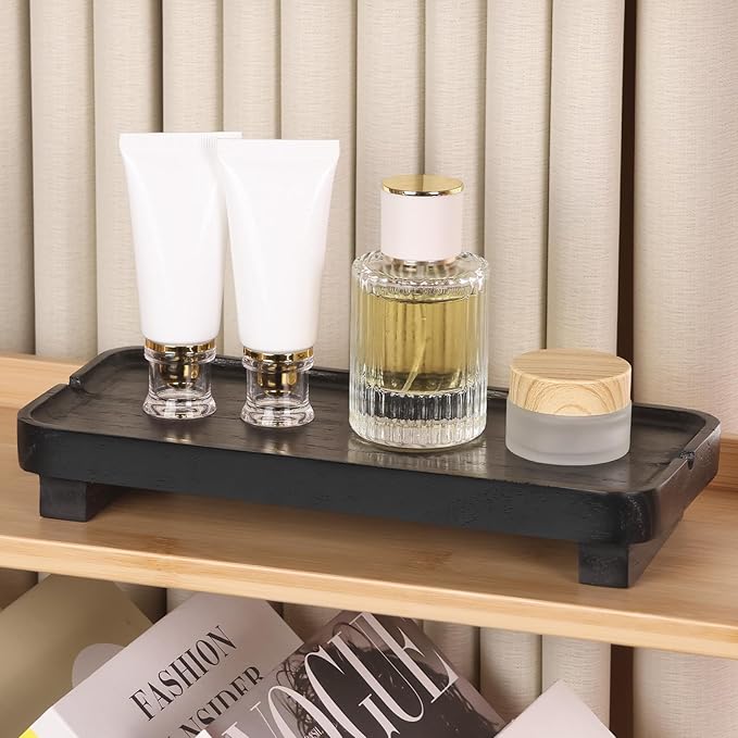 Wood Riser Small Decorative Tray Sink Soap Dish, Vanity Tray Pedestal Stand 10 x 4.5 inches (Black)