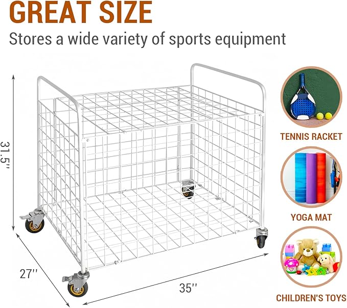 MyGift Professional Gym Metal Multi Sports Ball Storage Cart with Jumbo Industrial Wheels, Commercial Grade Portable Equipment Locker Cage for Basketball, Football, Soccer, Volleyball