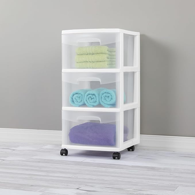 3 Drawer Rolling Plastic Storage Cart with Large Durable Clear Drawers and Removable Wheels, Suitable for Bedroom, Dormitory, Closet, Kitchen and Office (WHITE)