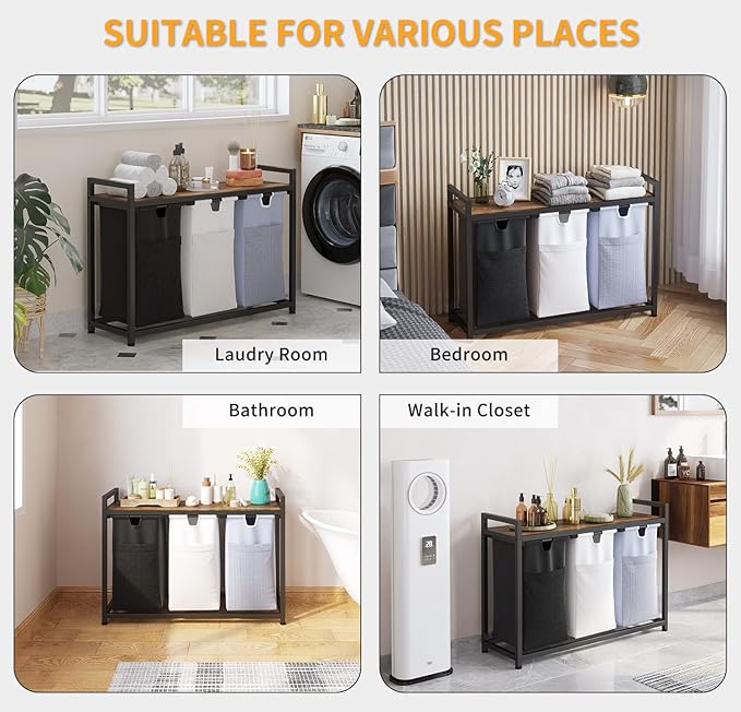 Laundry Basket Three Laundry Hamper with Removable Bags, Fabric Handles, Large Top Shelf and Laundry Bag for Bathroom, Dorm, Laundry Room