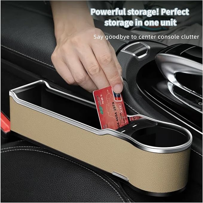 DEEYOTA a Gap Filler Organizer with Cup Holder, Car Seat Organizer Auto Console Side Storage Box Organizer for Car Front Seat (Beige)
