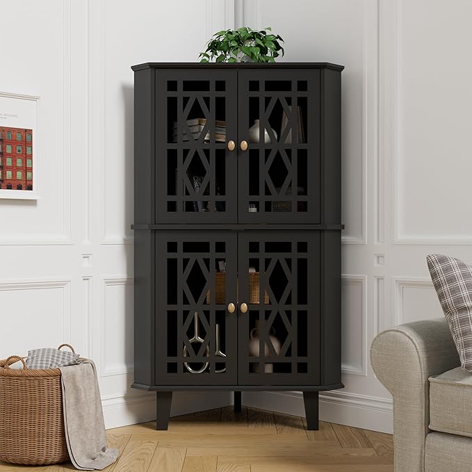 Scurrty Tall Corner Shelf Stand, Large Shelf Corner Table Sideboard Cabinet with 4 Doors and 4-Tier Shelves, Free-Standing Storage Organizer for Living Room, Dining Room & Bathroom (Black)