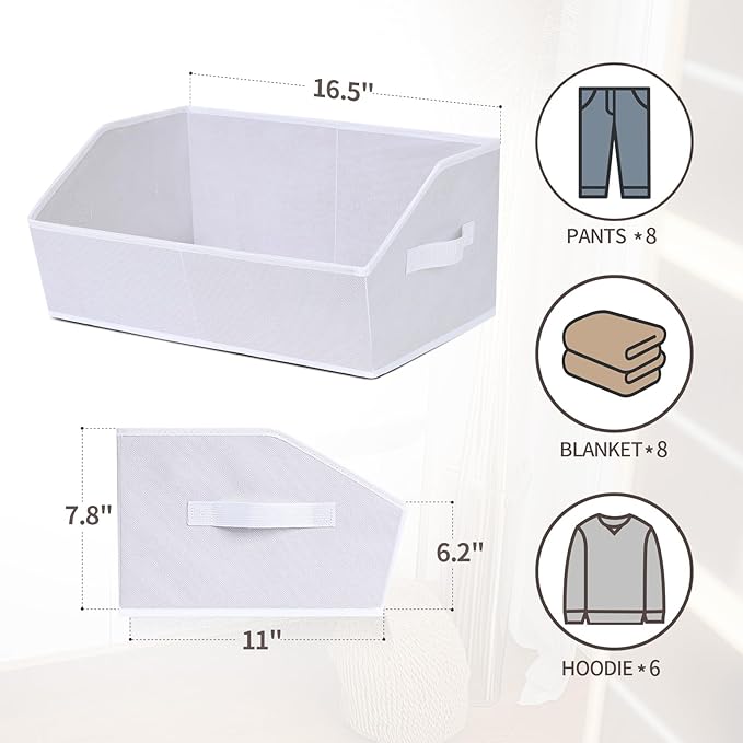 Closet Baskets for Shelves Trapezoid - Decorative Storage Baskets with Handle, Closet Bins for Organization, Shelf Storage Bins for Clothes, Books, Home, Office, 4 Pack, White