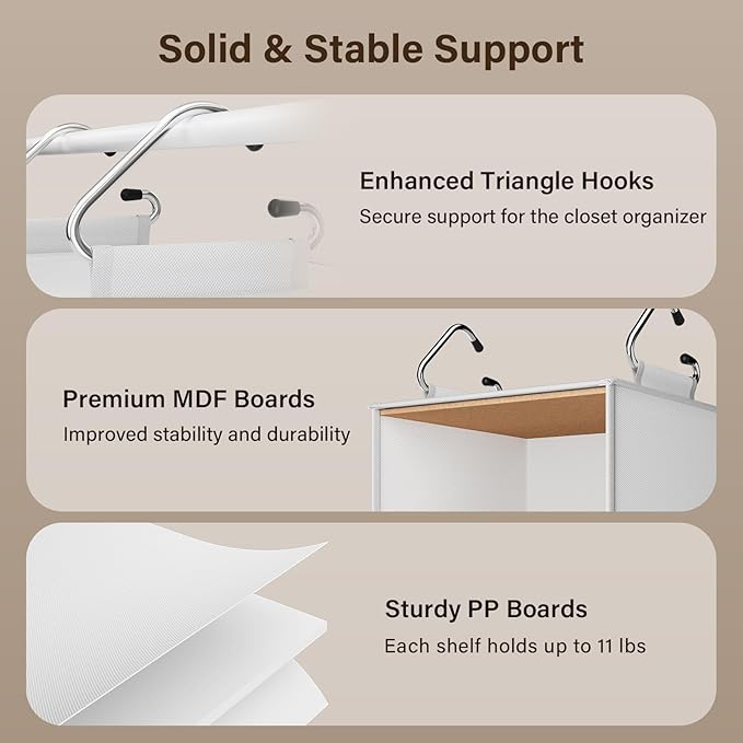 Pipishell 6-Shelf Hanging Closet Organizer, Hanging Shelves with 2 Separable 3-Tier Shelves, Closet Shelves Organizer with 3 Removable Drawers for Bedroom, Dorm Room, Camper and Nursery (White)