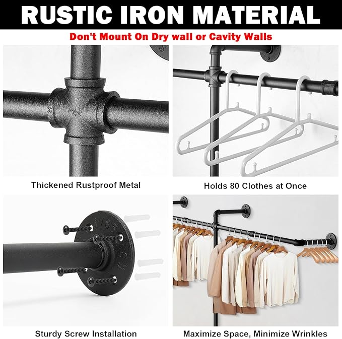 Livabber Industrial Pipe Clothes Rack, Heavy Duty Detachable Iron Garment Rack Wall Mounted, Rustic Saving Space Clothes Bar Multi-Purpose Hanging Rod for Bedroom, Closet, 2 Tier, Black (82 Inch)