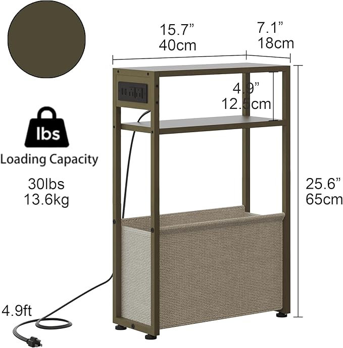 Green Side Table with Charging Station, Slim End Tables with Linen Basket, Skinny Table for Small Spaces, Thin Bedside Table for Living Room, Bedroom