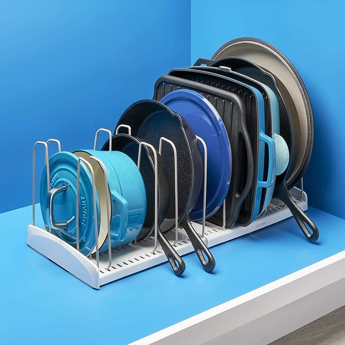 YouCopia StoreMore Expandable Cookware Rack with Tall Steel Wires, 12.5"-22" Wide Adjustable Pan Organizer for Kitchen Cabinet Storage, Classic Edition