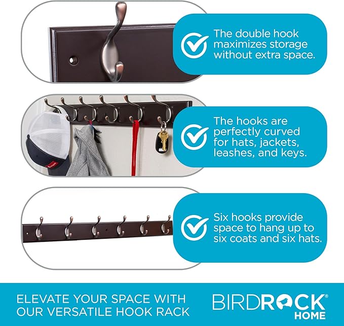 BIRDROCK HOME Hook Coat and Hat Rack - 6 Dual Hanging Coat Hooks for Wall Mount - Decorative Storage for Entryway Foyer Hallway Bathroom & Bedroom - 27", Dark Brown w/Oil Rubbed Bronze Hooks - 2 Pack