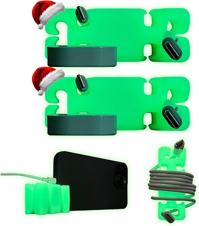 GlowBrick Stocking Stuffers for Adults Cord Management Weighted Cord Holder Cable Wrap Phone Stand - Glow-in-The-Dark Gadget Organizer for Nightstand. Gift for Men, Silicone. 2pk Glowing Green