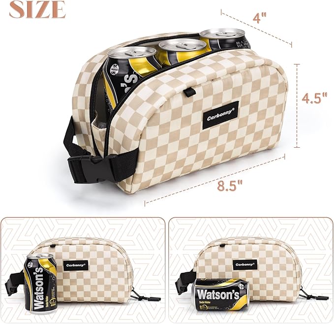 Cerbonny Reusable Lunch Bag, Khaki Checkerboard, 2.5L, Insulated, Leak Proof, Zipper Closure, 2 Compartments, Perfect for Picnic, Work, School, Travel