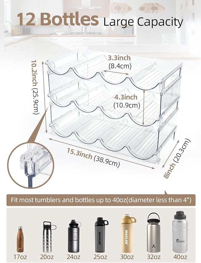Water Bottle Organizer - 3 Pack Clear Stackable Bottle Storage Rack and Wine Rack for Stanley Yeti Bottle and Other Tumbler Organizer for Kitchen Cabinets, 3 Tier Hold 12