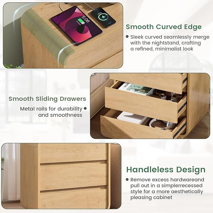 Natural Curved Nightstand Set of 2, 23.2" Large Wood Bedside Table with 3 Drawers, Charging Station, Modern Side Table, Mid-Century End Table Night Stand for Bedroom Sofa,