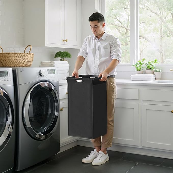 Laundry Hampers with Shelf, Laundry Basket 3 Section, Laundry Sorter with Pull-Out Removable Large 3 Color Bags and Movable Wheels, Metal Frame, 3 x 15.87 Gallons (60L), Black PF04XLK